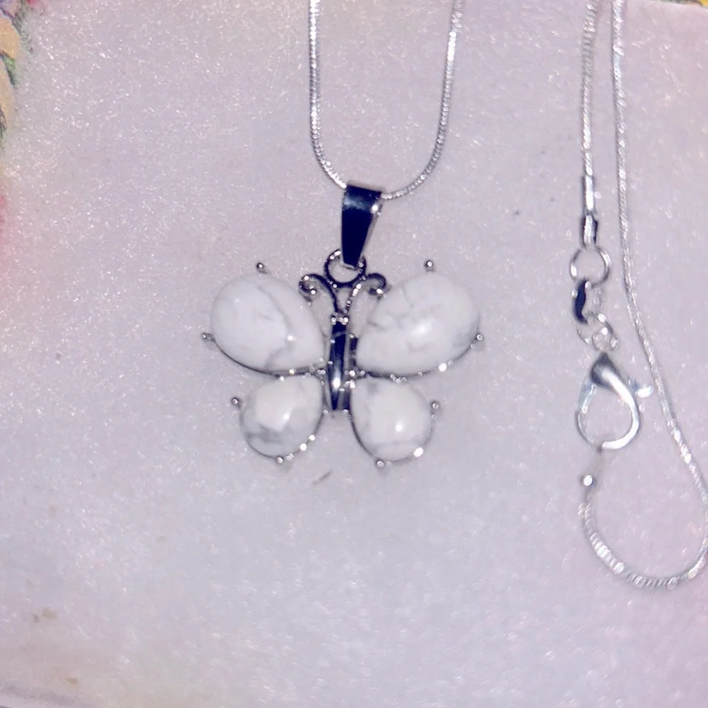 Boho hippie Howlite Crystal Butterfly Sterling Silver 18” Necklace